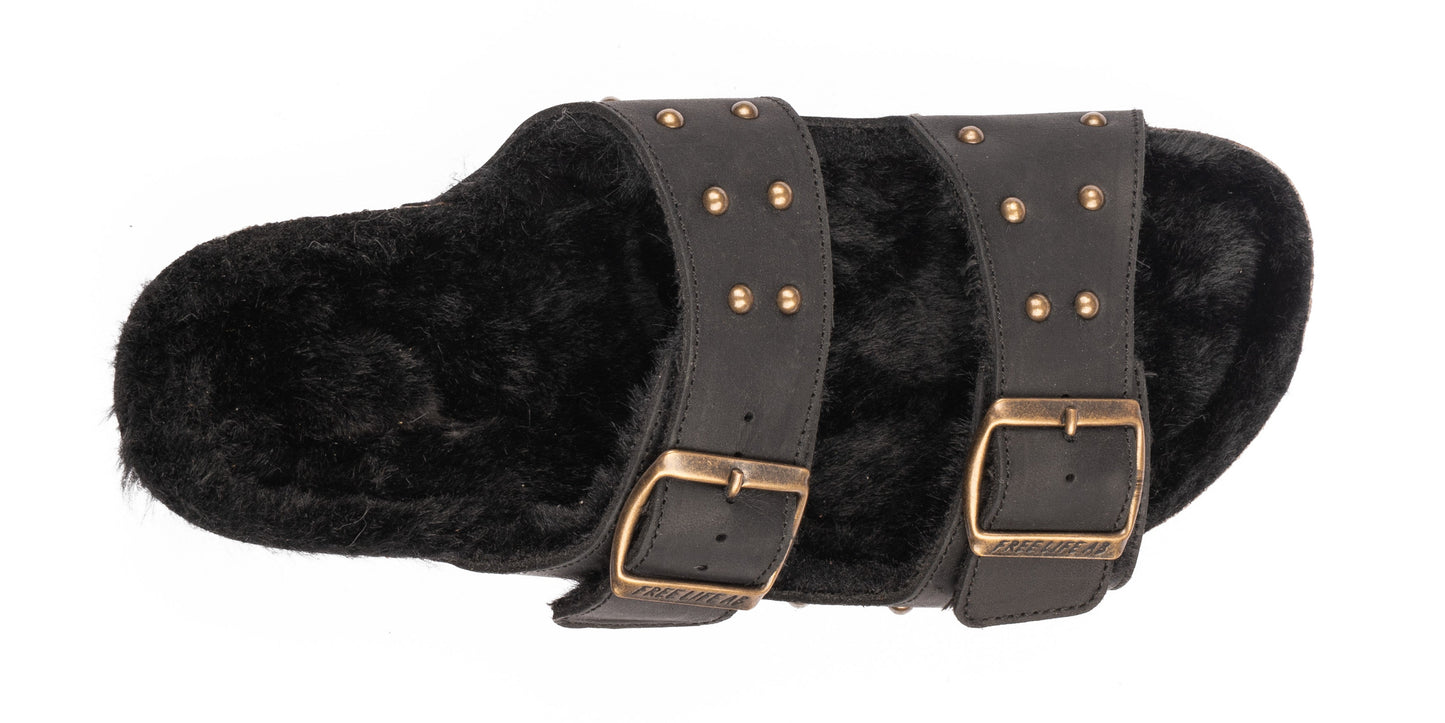 Women's Leather Double Buckle and Studded Sandal