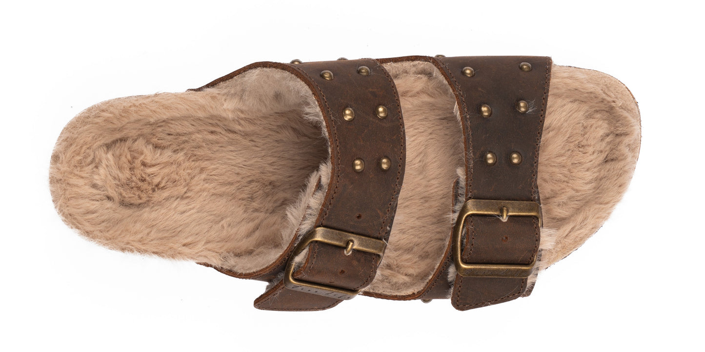 Women's Leather Double Buckle and Studded Sandal