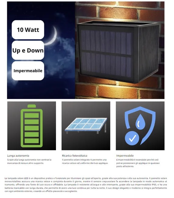 Lampada Solare da Parete 10W Luce Calda – Illuminazione Esterna IP65